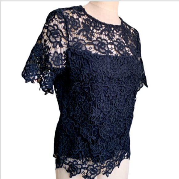 Nanette Lepore Black Guipure Lace Short Sleeve Top Sz L #17E - Picture 4 of 8